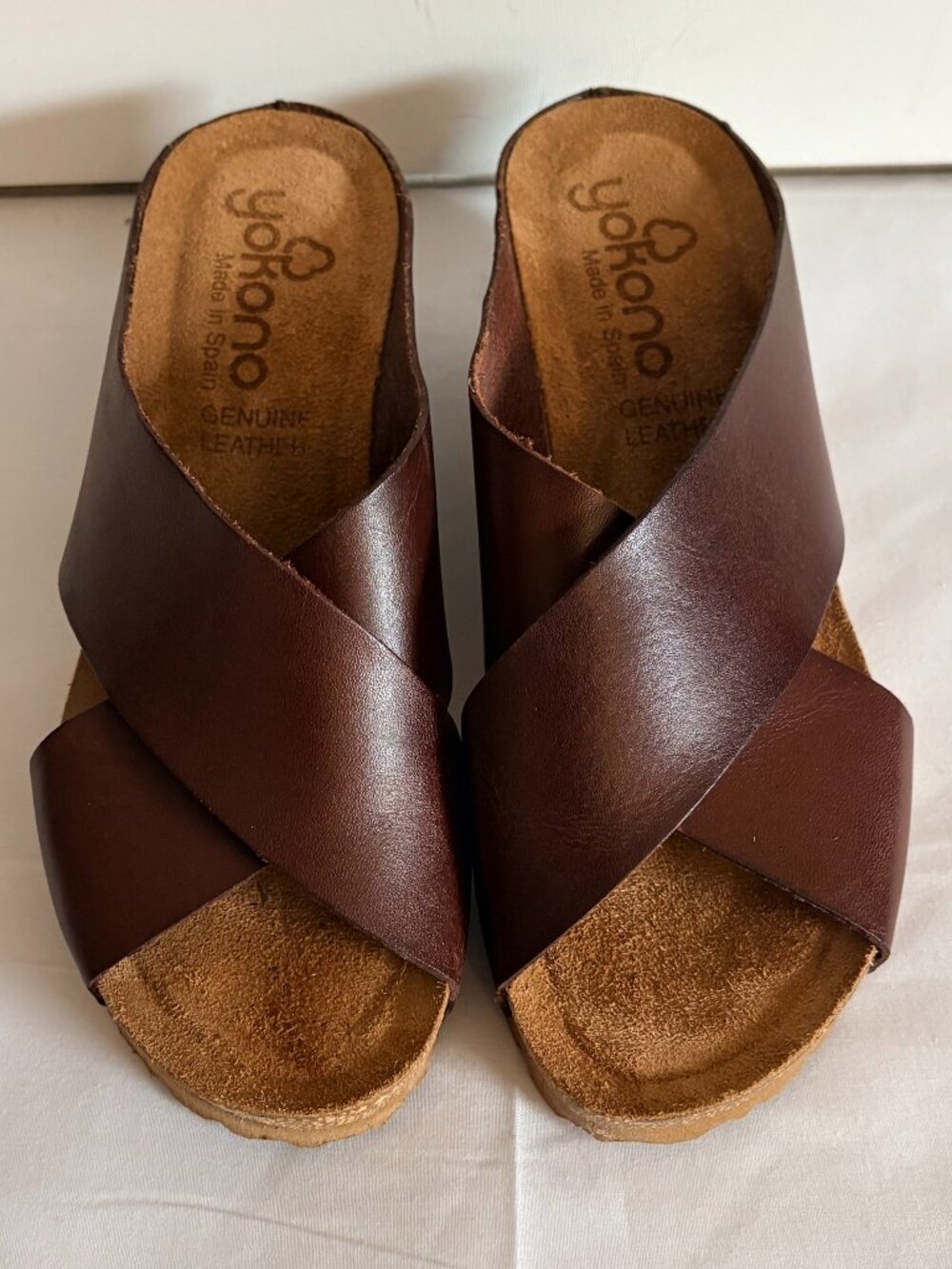 Yokono Spain Brown Leather Cross Over Strap Slide Boho Cork Wedge Sandle Sz 8